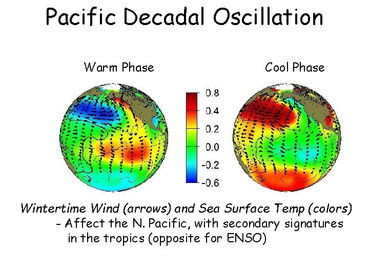 Pacific Decadal Oscillation Warm Phase Cool Phase Wintertime Wind (arrows) and Sea Surface Temp