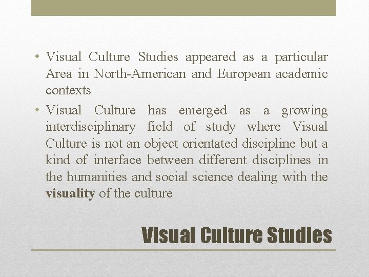  • Visual Culture Studies appeared as a particular Area in North-American and European