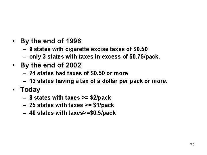  • By the end of 1996 – 9 states with cigarette excise taxes
