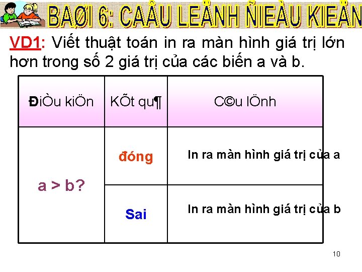 VD 1: Viết thuật toán in ra màn hình giá trị lớn hơn trong