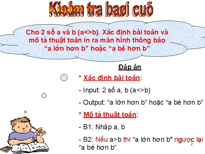 Cho 2 số a và b (a<>b). Xác định bài toán và mô tả