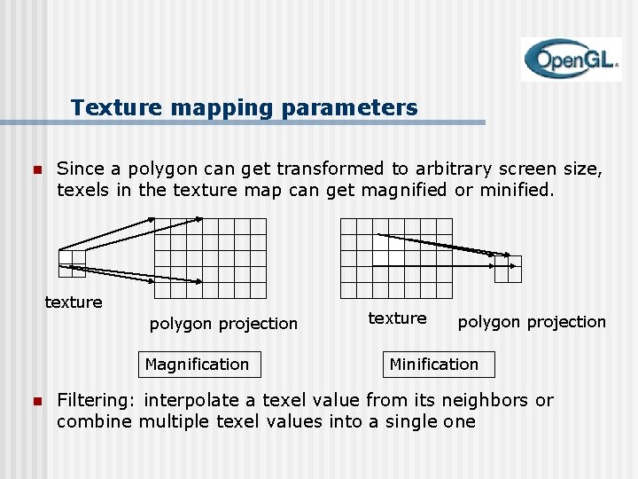 Texture mapping parameters n Since a polygon can get transformed to arbitrary screen size,