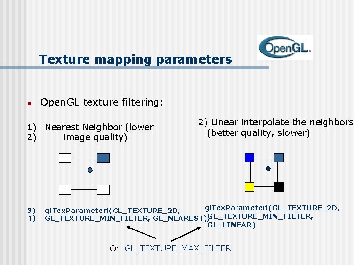 Texture mapping parameters n Open. GL texture filtering: 1) Nearest Neighbor (lower 2) image