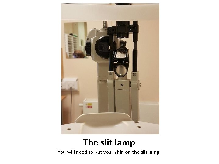 The slit lamp You will need to put your chin on the slit lamp