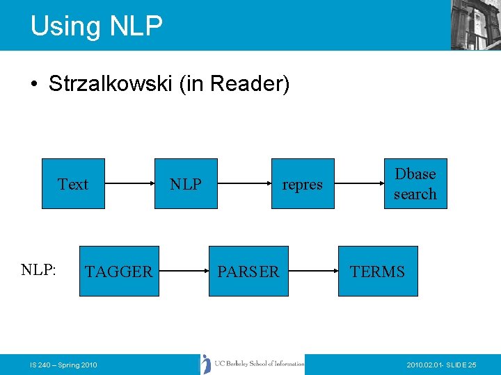 Using NLP • Strzalkowski (in Reader) Text NLP: TAGGER IS 240 – Spring 2010