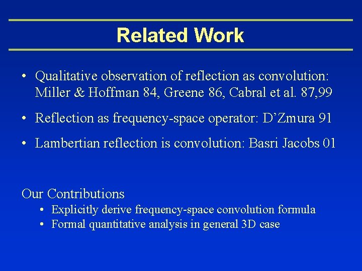 Related Work • Qualitative observation of reflection as convolution: Miller & Hoffman 84, Greene
