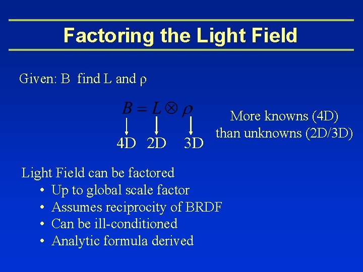 Factoring the Light Field Given: B find L and ρ 4 D 2 D