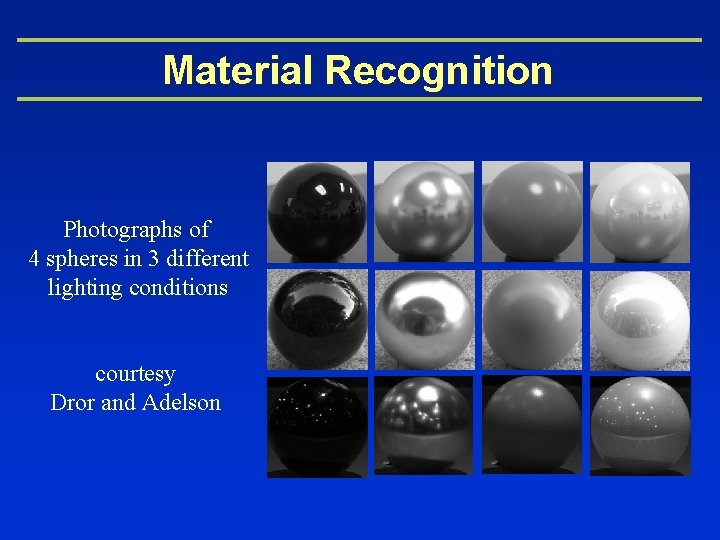 Material Recognition Photographs of 4 spheres in 3 different lighting conditions courtesy Dror and
