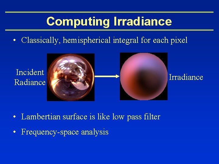 Computing Irradiance • Classically, hemispherical integral for each pixel Incident Radiance • Lambertian surface