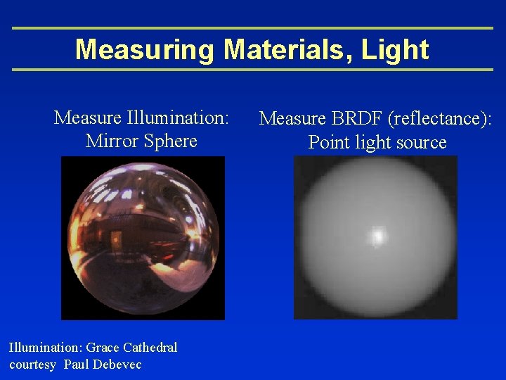 Measuring Materials, Light Measure Illumination: Mirror Sphere Illumination: Grace Cathedral courtesy Paul Debevec Measure