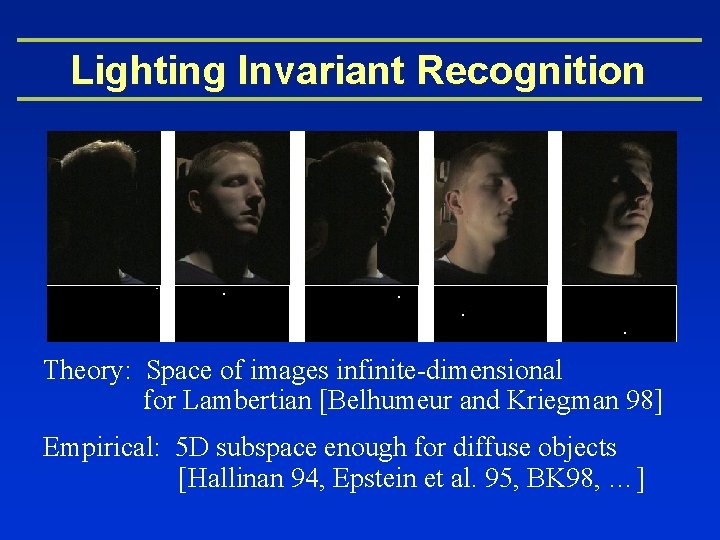 Lighting Invariant Recognition Theory: Space of images infinite-dimensional for Lambertian [Belhumeur and Kriegman 98]