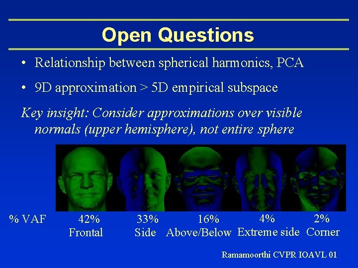 Open Questions • Relationship between spherical harmonics, PCA • 9 D approximation > 5