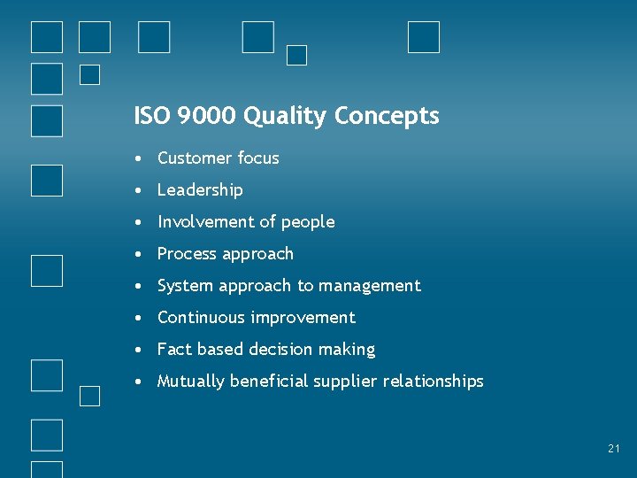 ISO 9000 Quality Concepts • Customer focus • Leadership • Involvement of people •