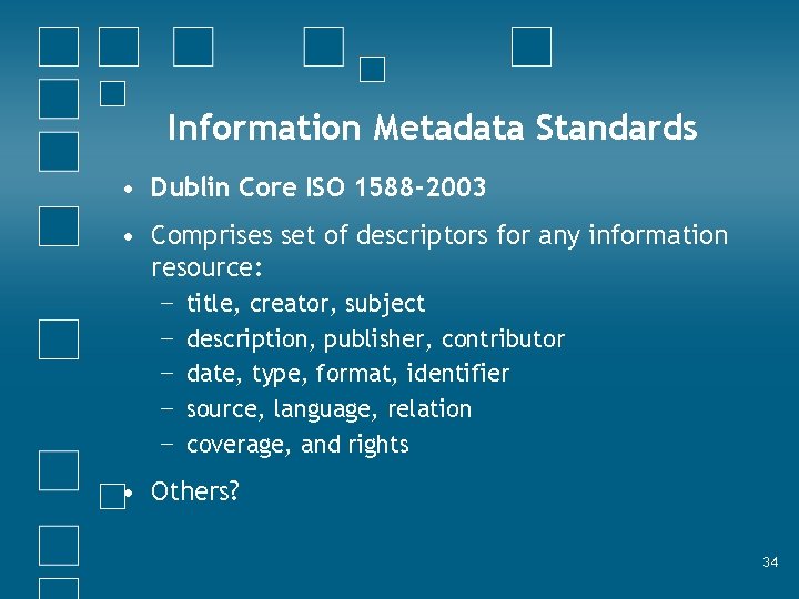 Information Metadata Standards • Dublin Core ISO 1588 -2003 • Comprises set of descriptors