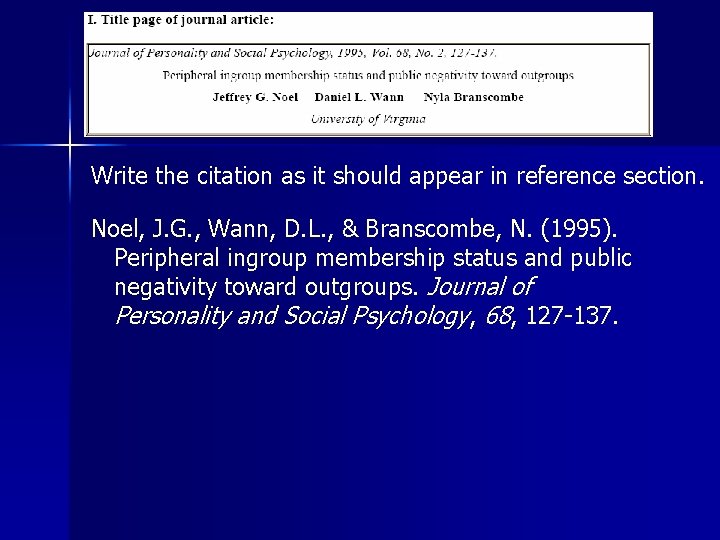 Write the citation as it should appear in reference section. Noel, J. G. ,