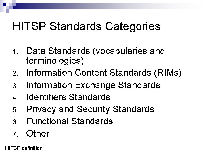 HITSP Standards Categories 1. 2. 3. 4. 5. 6. 7. Data Standards (vocabularies and