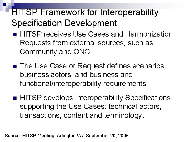 HITSP Framework for Interoperability Specification Development n HITSP receives Use Cases and Harmonization Requests