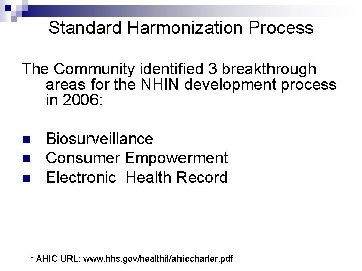 Standard Harmonization Process The Community identified 3 breakthrough areas for the NHIN development process