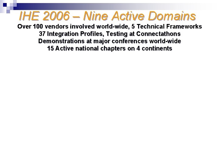 IHE 2006 – Nine Active Domains Over 100 vendors involved world-wide, 5 Technical Frameworks