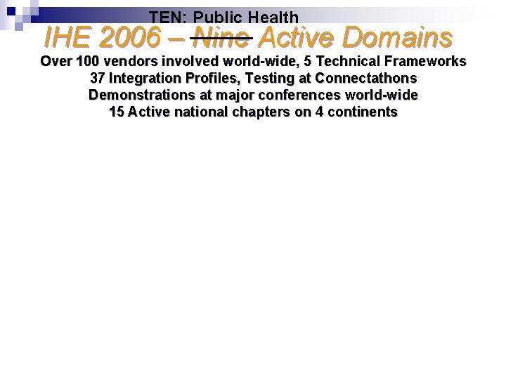 TEN: Public Health IHE 2006 – Nine Active Domains Over 100 vendors involved world-wide,