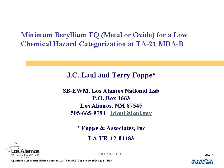  Minimum Beryllium TQ (Metal or Oxide) for a Low Chemical Hazard Categorization at