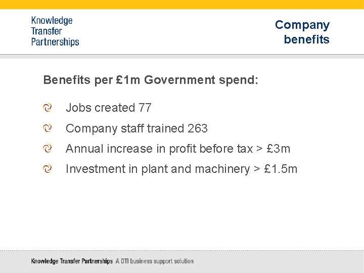 Company benefits Benefits per £ 1 m Government spend: Jobs created 77 Company staff