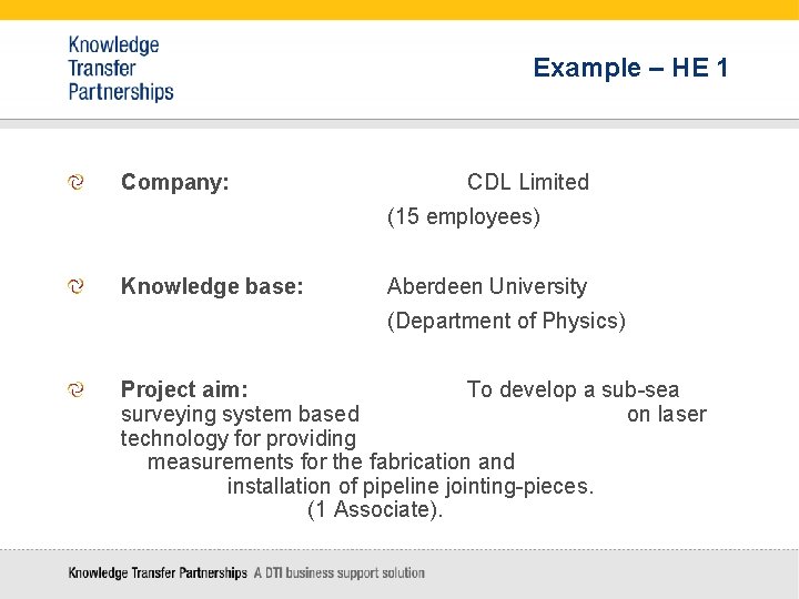 Example – HE 1 Company: CDL Limited (15 employees) Knowledge base: Aberdeen University (Department