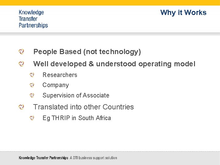 Why it Works People Based (not technology) Well developed & understood operating model Researchers