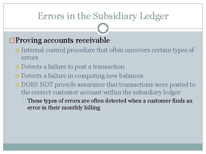 Errors in the Subsidiary Ledger �Proving accounts receivable Internal control procedure that often uncovers