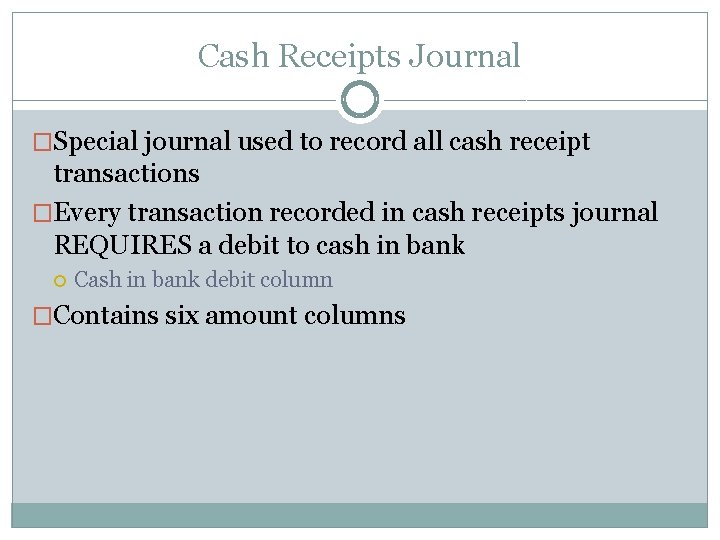 Cash Receipts Journal �Special journal used to record all cash receipt transactions �Every transaction