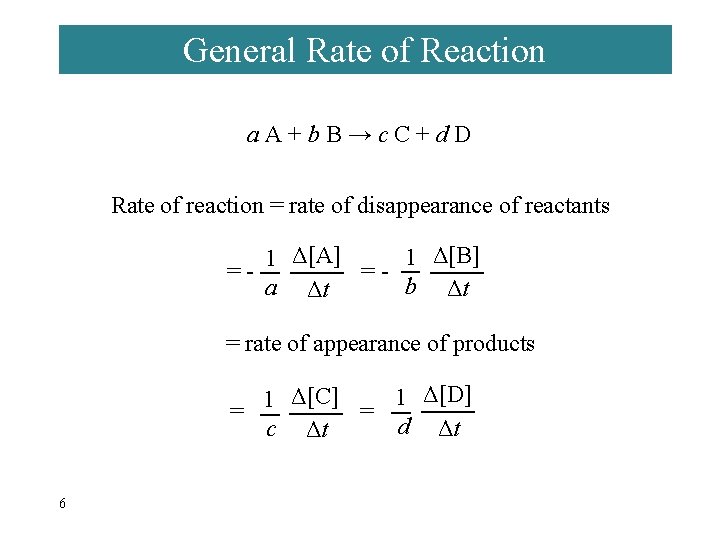 General Rate of Reaction a. A+b. B→c. C+d. D Rate of reaction = rate