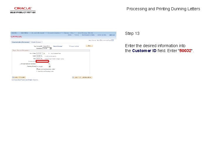 Processing and Printing Dunning Letters Step 13 Enter the desired information into the Customer