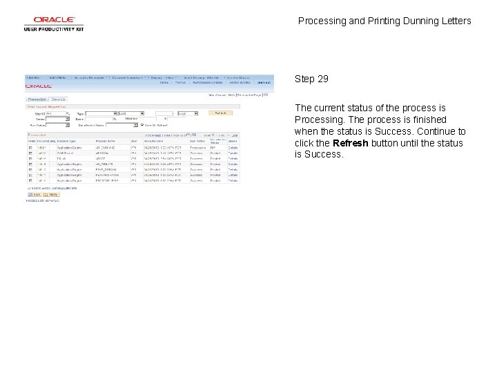 Processing and Printing Dunning Letters Step 29 The current status of the process is