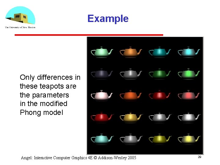 Example Only differences in these teapots are the parameters in the modified Phong model