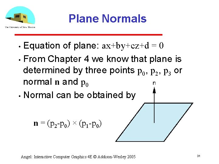 Plane Normals Equation of plane: ax+by+cz+d = 0 • From Chapter 4 we know