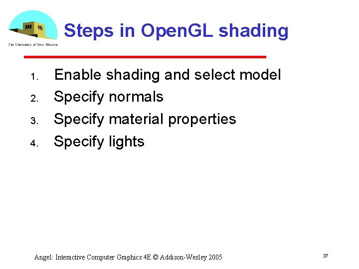 Steps in Open. GL shading 1. 2. 3. 4. Enable shading and select model