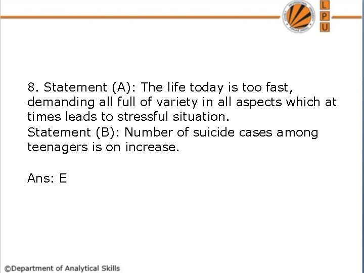 8. Statement (A): The life today is too fast, demanding all full of variety