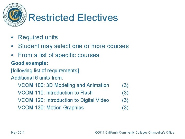 Restricted Electives • Required units • Student may select one or more courses •