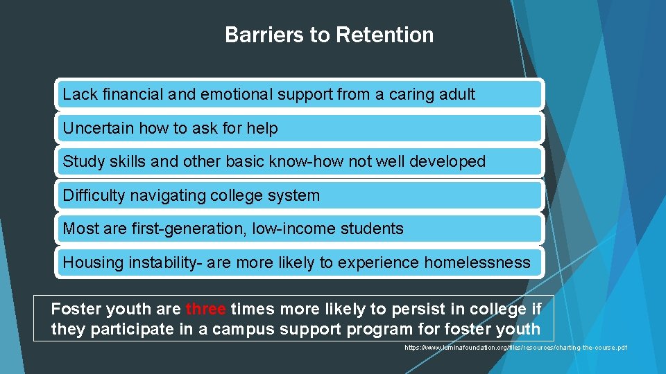 Barriers to Retention Lack financial and emotional support from a caring adult Uncertain how