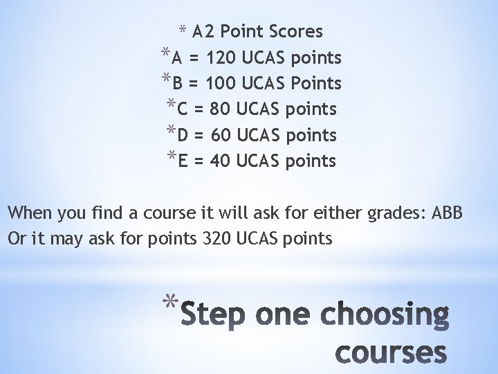 * A 2 Point Scores *A = 120 UCAS points *B = 100 UCAS