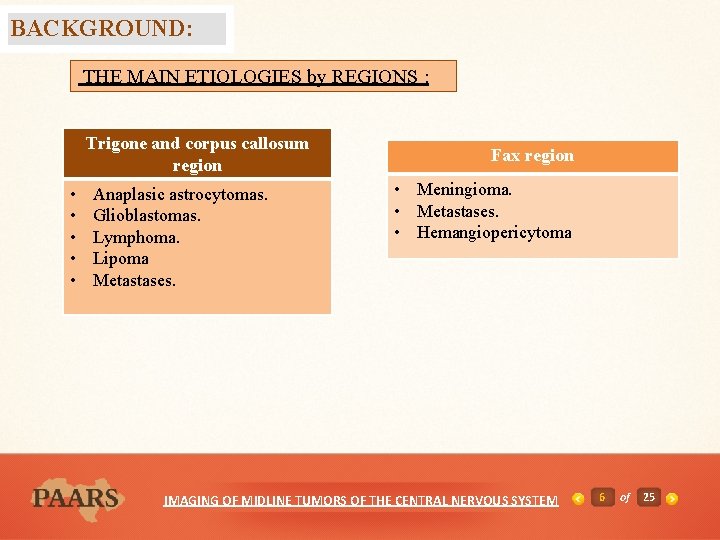 BACKGROUND: THE MAIN ETIOLOGIES by REGIONS : Trigone and corpus callosum region • •