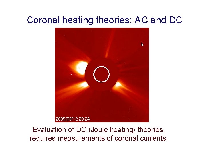 Coronal heating theories: AC and DC Evaluation of DC (Joule heating) theories requires measurements