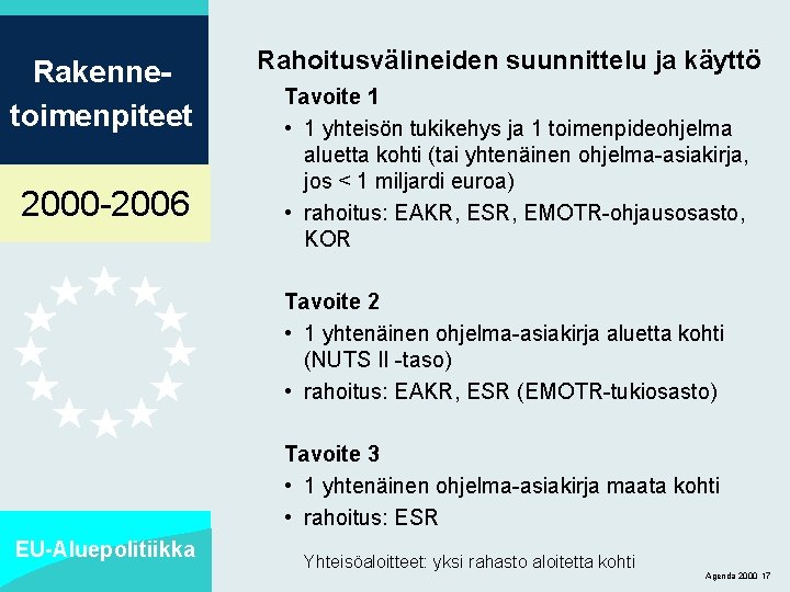 Rakennetoimenpiteet 2000 -2006 Rahoitusvälineiden suunnittelu ja käyttö Tavoite 1 • 1 yhteisön tukikehys ja