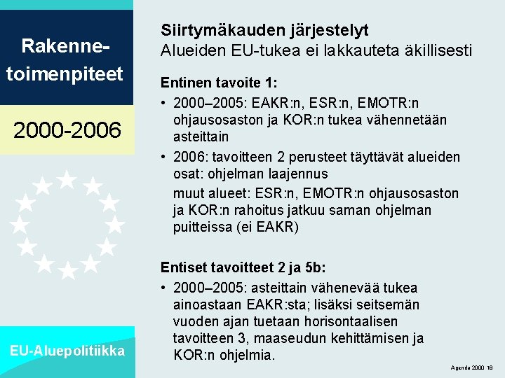 Rakennetoimenpiteet 2000 -2006 EU-Aluepolitiikka Siirtymäkauden järjestelyt Alueiden EU-tukea ei lakkauteta äkillisesti Entinen tavoite 1: