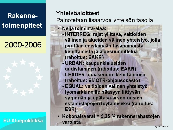 Rakennetoimenpiteet 2000 -2006 EU-Aluepolitiikka Yhteisöaloitteet Painotetaan lisäarvoa yhteisön tasolla • Neljä toiminta-alaa: - INTERREG: