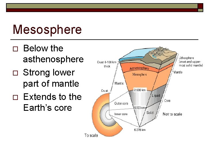 Mesosphere o o o Below the asthenosphere Strong lower part of mantle Extends to