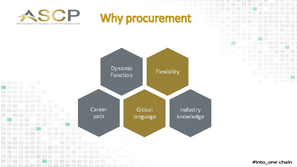 Why procurement Dynamic Function Career path Flexibility Global language Industry knowledge 