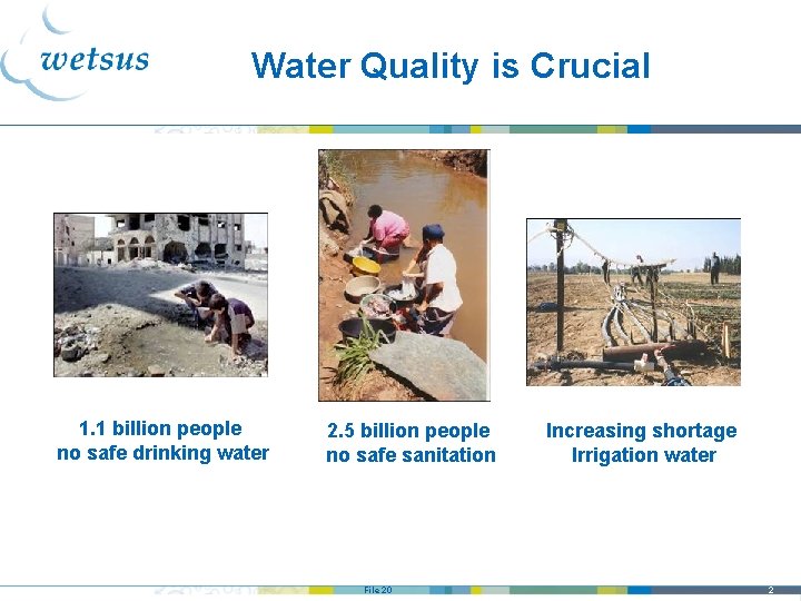 Water Quality is Crucial 1. 1 billion people no safe drinking water 2. 5