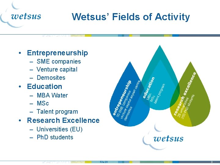 Wetsus’ Fields of Activity • Entrepreneurship – SME companies – Venture capital – Demosites