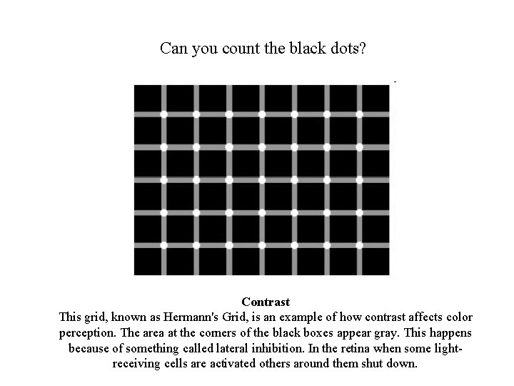 Can you count the black dots? Contrast This grid, known as Hermann's Grid, is Can you count the black dots? Contrast This grid, known as Hermann's Grid, is